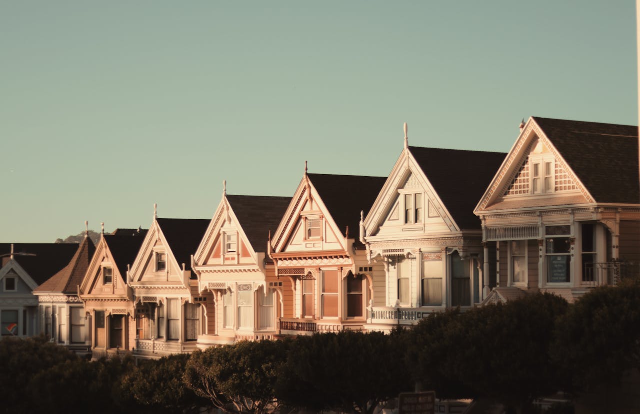 about-03 Sunlit Victorian houses known as the Painted Ladies in San Francisco, California.